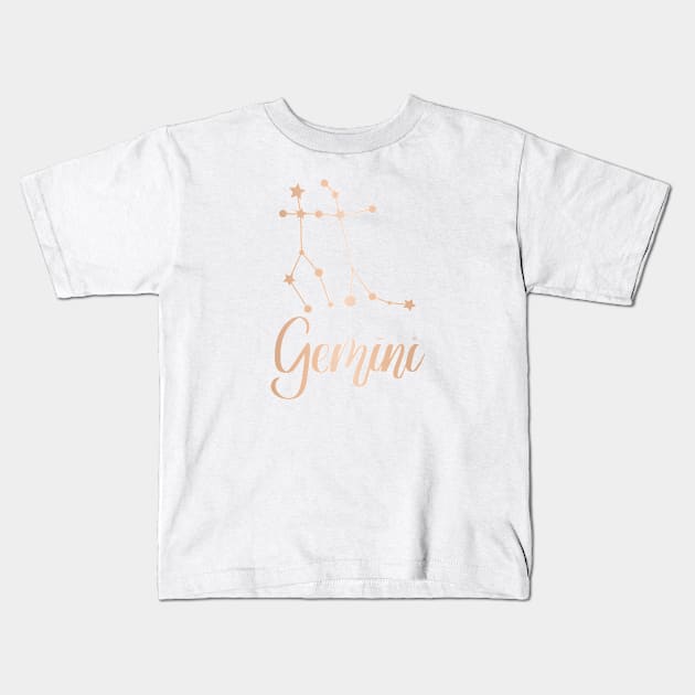 Gemini Zodiac Constellation in Rose Gold Kids T-Shirt by Kelly Gigi